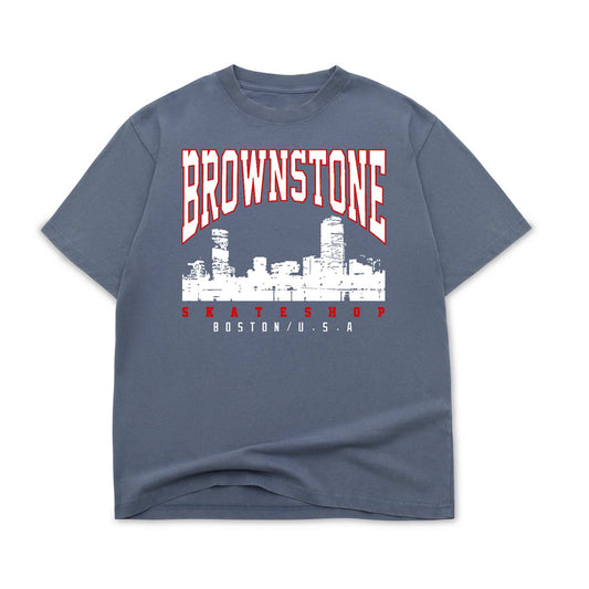 Brownstone Skateshop Skyline Vintage Navy 7.5 OZ Oversized Box T-Shirt